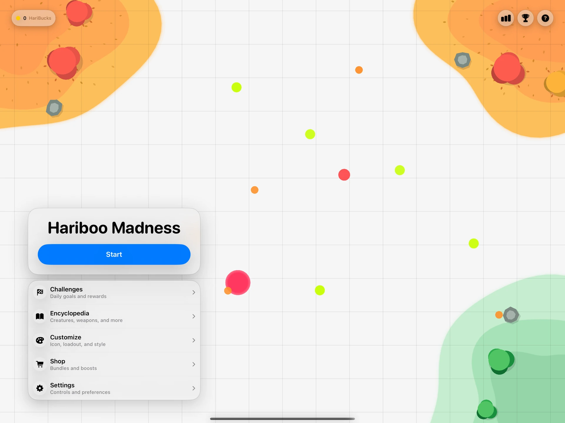 Hariboo Madness main menu on iPad